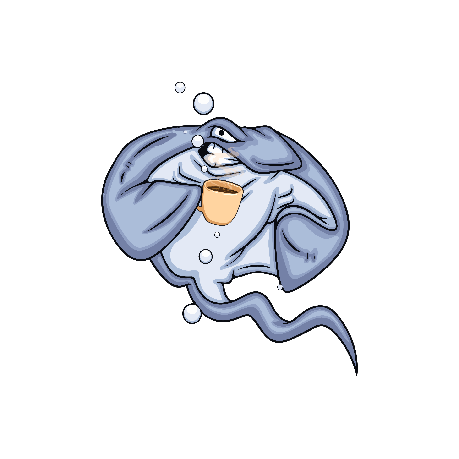 Roccos Rays stingray mascot holding a coffee
